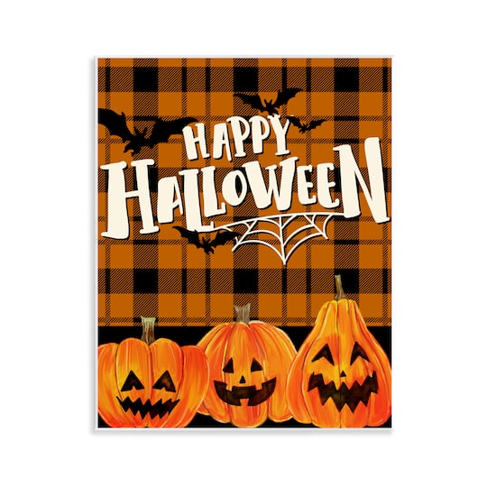 Michaels, Stupell Industries 11" x 14" Halloween Jack-o-Lanterns Plaid Wall Plaque – Category: Halloween Wall Decor